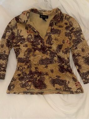 INC International Concepts Beige and Burgundy Paisley Long Sleeve Top